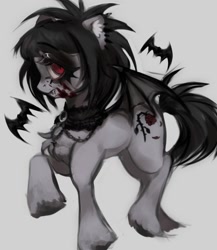 Size: 997x1148 | Tagged: safe, artist:nan3nby, imported from derpibooru, oc, oc only, bat, bat pony, pony, blood, choker, ear fluff, fangs, female, gray background, jewelry, mare, necklace, simple background, solo