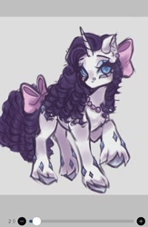 Size: 720x1107 | Tagged: safe, artist:nan3nby, imported from derpibooru, rarity, pony, unicorn, alternate hairstyle, bow, ear piercing, earring, female, gray background, hair bow, horn, jewelry, mare, necklace, piercing, ringlets, simple background, solo, tail, tail bow, unshorn fetlocks, wip