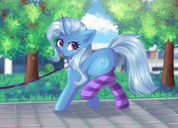 Size: 1449x1049 | Tagged: safe, artist:arllistar, imported from derpibooru, trixie, pony, unicorn, :p, behaving like a dog, clothes, collar, female, grass, horn, leash, mare, park, pony pet, socks, solo, striped socks, tongue out, tree