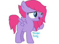 Size: 480x360 | Tagged: safe, artist:margarets-bases, artist:salty air, imported from derpibooru, oc, oc only, oc:bombs away, pegasus, pony, blank flank, blue eyes, female, filly, foal, magenta mane, magenta tail, parent:twilight sparkle, pegasus oc, purple coat, royalty, smug, wings