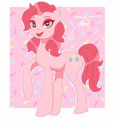 Size: 1880x2004 | Tagged: safe, artist:sanechkaa, imported from derpibooru, pinkie pie, earth pony, pony, alternate hairstyle, eyeshadow, female, heart, heart eyes, makeup, mare, open mouth, raised hoof, solo, wingding eyes