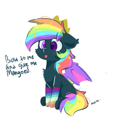Size: 665x737 | Tagged: safe, artist:skylinepony_, imported from derpibooru, oc, oc only, bat pony, pony, black mane, clothes, cute, female, simple background, sitting, socks, solo, spread wings, striped socks, text, tongue out, white background, wings
