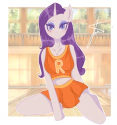 Size: 1880x2005 | Tagged: safe, artist:sanechkaa, imported from derpibooru, rarity, anthro, unguligrade anthro, unicorn, alternate hairstyle, bedroom eyes, belly button, blushing, clothes, eyeshadow, female, horn, makeup, midriff, skirt, solo, tanktop