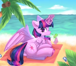 Size: 1351x1172 | Tagged: safe, artist:arllistar, imported from derpibooru, twilight sparkle, alicorn, pony, beach, blanket, drink, female, floppy ears, looking at you, magic, magic aura, mare, ocean, palm tree, sand, solo, straw, telekinesis, tree, twilight sparkle (alicorn), water