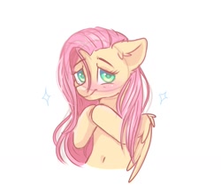 Size: 1451x1261 | Tagged: safe, artist:arllistar, imported from derpibooru, fluttershy, pegasus, pony, belly button, blushing, female, hooves together, looking at you, mare, simple background, solo, white background