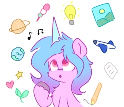Size: 806x697 | Tagged: safe, artist:comfort_ponies, imported from derpibooru, izzy moonbow, pony, unicorn, bulb, cute, earth, g5, heart, horn, music notes, open mouth, paper, pencil, plane, planet, raised hoof, simple background, solo, stars, toy plane, white background