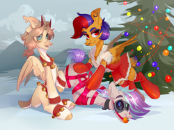 Size: 4700x3500 | Tagged: safe, artist:k0potb, imported from derpibooru, oc, oc only, oc:k0potb, oc:wattlan leyn, arrested, ballgag, bondage, christmas, christmas tree, clothes, detention, gag, holiday, horns, rope, rope bondage, shibari, snow, tree, trio