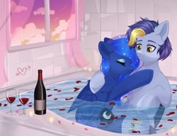 Size: 1433x1101 | Tagged: safe, artist:arllistar, imported from derpibooru, princess luna, oc, alicorn, pegasus, pony, alcohol, bathing together, bathtub, bottle, candle, canon x oc, cloud, cuddling, female, glass, hug, mare, rose petals, shipping, sunset, tiled background, unshorn fetlocks, water, window, wine, wine bottle, wine glass