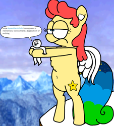 Size: 3023x3351 | Tagged: safe, artist:professorventurer, imported from derpibooru, oc, oc:power star, pegasus, pony, belly, belly button, bipedal, brainlet, cool cool mountain, drama, implied rape, meme, meta, no neck, round belly, rule 85, super mario 64, super mario bros., twitter