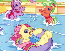 Size: 403x315 | Tagged: safe, imported from derpibooru, applejack, applejack (g3), star surprise, wysteria, earth pony, pony, beach ball, bikini, clothes, cute, floating, g3, happy, inner tube, one-piece swimsuit, playing, playing ball, ponytail, pool toy, splashing, swimming, swimming pool, swimsuit, two-piece swimsuit