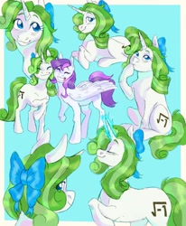 Size: 1400x1700 | Tagged: safe, artist:abbytabbys, imported from derpibooru, oc, oc only, oc:minty root, oc:snow kicker, pegasus, pony, unicorn, blue background, blue bow, blue eyes, border, bow, colored eyebrows, commission, curly mane, curly tail, cyan background, doodle dump, doodle page, duo, duo female, eye clipping through hair, eyebrows, eyebrows visible through hair, female, folded wings, glowing, glowing horn, green mane, green tail, hair bow, horn, long mane, long tail, looking at you, looking back, looking back at you, magic, mare, nuzzling, pegasus oc, profile, purple mane, purple tail, raised hoof, shiny mane, shiny tail, sibling love, siblings, simple background, sisterly love, sisters, sitting, smiling, smiling at you, solo focus, standing, tail, thinking, two toned mane, two toned tail, unicorn horn, unicorn oc, walking, white coat, wings