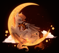 Size: 4163x3706 | Tagged: safe, artist:tyutya, imported from derpibooru, pegasus, pony, cloud, moon, stars, tangible heavenly object, wings
