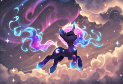 Size: 1216x832 | Tagged: prompter needed, safe, imported from derpibooru, oc, oc only, pony, unicorn, ai content, ai generated, cloud, ethereal mane, ethereal tail, eyes closed, female, floating, full body, generator:novelai, generator:stable diffusion, horn, mare, nebula, side view, smiling, solo, stars, tail, unicorn oc