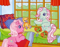 Size: 403x315 | Tagged: safe, imported from derpibooru, minty, pinkie pie, pinkie pie (g3), pony, bed, clothes, cute, diapinkes, g3, g3 diapinkes, happy, hug, listening, mintabetes, mushroom, official, oh minty minty minty, pillow, pillow hug, plushie, rain, sitting, sitting on bed, socks, talking, teddy bear, that pony sure does love socks, window