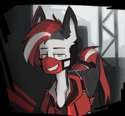 Size: 3197x2969 | Tagged: safe, artist:crashbrush, imported from derpibooru, oc, oc only, pegasus, pony, clothes, colored ears, ear fluff, feathered wings, folded wings, high res, jacket, looking at you, male, mask, red mane, short hair, smiling, smiling at you, solo, sports jacket, stallion, tricolored mane, wings