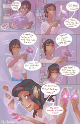 Size: 1089x1696 | Tagged: safe, artist:artbyharu, imported from derpibooru, human, cake, comic, dialogue, food, hooves, human to anthro, speech bubble, transformation