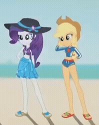 Size: 198x250 | Tagged: safe, edit, edited screencap, imported from derpibooru, screencap, applejack, rarity, aww... baby turtles, equestria girls, equestria girls series, animated, applejack's beach shorts swimsuit, applejack's hat, beach, clothes, cowboy hat, cropped, gif, hat, pigeon toed, rarity's blue sarong, rarity's purple bikini, sandals, swimsuit, time-lapse