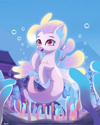 Size: 1638x2048 | Tagged: safe, artist:maxi_ponie, imported from derpibooru, seapony (g4), spoiler:g5, spoiler:my little pony: tell your tale, spoiler:tyts02e00, bioluminescent, bubble, coral, crepuscular rays, cute, destiny (g5), digital art, dorsal fin, female, fin, fin wings, fins, fish tail, floppy ears, flowing mane, flowing tail, g5, happy, my little pony: tell your tale, ocean, open mouth, open smile, pink eyes, seaweed, signature, smiling, solo, sparkles, sunlight, swimming, tail, the blockywockys, underwater, water, wings