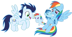 Size: 3812x1966 | Tagged: safe, imported from derpibooru, rainbow dash, soarin', oc, oc:ragtag, oc:shooting star, pegasus, pony, baby, baby pony, cute, dashabetes, female, filly, foal, heartwarming, male, mare, offspring, parent:rainbow dash, parent:soarin', parents:soarindash, shipping, siblings, simple background, soarindash, stallion, straight, transparent background, twins