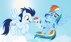 Size: 3812x2235 | Tagged: safe, imported from derpibooru, rainbow dash, soarin', oc, oc:ragtag, oc:shooting star, pegasus, pony, baby, baby pony, cute, dashabetes, female, filly, foal, heartwarming, male, mare, offspring, parent:rainbow dash, parent:soarin', parents:soarindash, shipping, siblings, soarindash, stallion, straight, twins