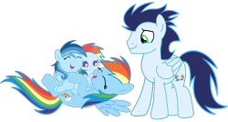 Size: 3812x2049 | Tagged: safe, imported from derpibooru, rainbow dash, soarin', oc, oc:ragtag, oc:shooting star, pegasus, pony, baby, baby pony, female, filly, foal, male, mare, offspring, parent:rainbow dash, parent:soarin', parents:soarindash, shipping, siblings, simple background, soarindash, stallion, straight, transparent background, twins