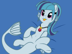 Size: 640x480 | Tagged: safe, artist:shelikof launch, derpibooru exclusive, imported from derpibooru, sonata dusk, hybrid, pony, siren, :p, animated, belly, belly button, cute, featureless crotch, female, lying down, mare, on back, round belly, simple background, smiling, solo, swallowing, tongue out, vore