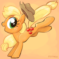 Size: 2048x2048 | Tagged: safe, artist:pfeffaroo, imported from derpibooru, applejack, earth pony, pony, 3d cutie mark, applebucking, applejack's hat, bucking, cowboy hat, female, freckles, hair tie, hat, high res, looking back, mare, open mouth, open smile, orange background, profile, signature, simple background, smiling, solo