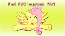 Size: 1024x576 | Tagged: safe, artist:barrfind, artist:loboguerrero, imported from derpibooru, fluttershy, pegasus, pony, ^^, cute, eyes closed, female, incoming hug, mare, shyabetes, solo, text, wallpaper