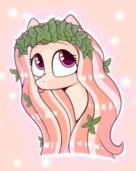 Size: 1648x2085 | Tagged: safe, artist:3naa, imported from derpibooru, oc, oc only, oc:ichordrop, pony, :p, bust, freckles, garland, leaf, leaves, leaves in hair, long hair, markings, solo, tongue out