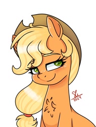 Size: 975x1280 | Tagged: safe, artist:galaxy swirl, imported from derpibooru, applejack, earth pony, pony, applejack's hat, cowboy hat, cute, eyebrows, eyebrows visible through hair, flowing mane, freckles, green eyes, hat, jackabetes, looking at you, orange coat, orange mane, ponytail, signature, simple background, smiling, smiling at you, white background