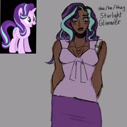 Size: 2048x2048 | Tagged: safe, artist:princezzzom, imported from derpibooru, starlight glimmer, human, pony, unicorn, african american, blue eyes, clothes, dark skin, eyeshadow, gray background, headcanon, horn, horned humanization, human coloration, humanized, jewelry, looking at you, makeup, necklace, pants, reference sheet, shirt, simple background, solo, tail, two toned hair, two toned mane, two toned tail, vector