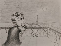 Size: 2399x1822 | Tagged: safe, anonymous artist, imported from derpibooru, rarity, balcony, city, clothes, dress, eiffel tower, holly golightly, moon, night, paris, solo, traditional art
