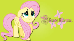 Size: 1024x576 | Tagged: safe, artist:barrfind, artist:flizzick, imported from derpibooru, fluttershy, pegasus, pony, cute, cutie mark, female, green background, mare, shyabetes, simple background, solo, text, wallpaper