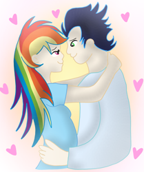 Size: 1865x2235 | Tagged: artist needed, source needed, safe, imported from derpibooru, rainbow dash, soarin', human, duo, female, humanized, looking at each other, looking at someone, male, romantic, shipping, smiling, smiling at each other, soarindash, straight