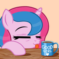 Size: 500x500 | Tagged: safe, artist:jennieoo, imported from derpibooru, oc, oc only, oc:star sparkle, pony, unicorn, :p, animated, avatar, eyes closed, food, gif, horn, icon, mug, show accurate, sleepy, solo, table, tea, tongue out