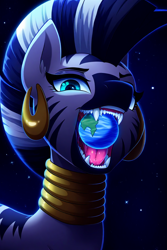 Size: 1024x1536 | Tagged: prompter needed, safe, imported from derpibooru, zecora, zebra, ai content, ai generated, bust, close-up, female, generator:novelai, generator:stable diffusion, giantess, giga, looking at you, macro, object vore, one eye, open mouth, planet, portrait, prompt in description, sharp teeth, solo, teeth, vore