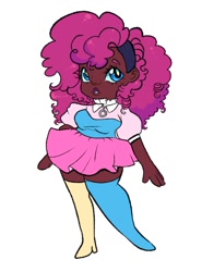 Size: 897x1214 | Tagged: safe, artist:kreeeeeez, artist:kryzies, imported from derpibooru, pinkie pie, human, african american, blue eyes, boots, clothes, curly hair, dark skin, dress, eyelashes, female, headband, human coloration, humanized, miniskirt, ms paint, pink hair, shoes, simple background, skirt, solo, thigh boots, tutu, white background