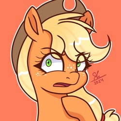 Size: 1280x1280 | Tagged: safe, artist:galaxy swirl, imported from derpibooru, applejack, earth pony, pony, applejack's hat, cowboy hat, eye clipping through hair, eyebrows, eyebrows visible through hair, flowing mane, freckles, green eyes, hat, looking at you, offended, orange background, orange coat, orange mane, ponytail, signature, simple background, solo