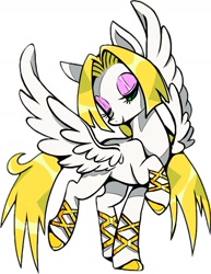 Size: 997x1290 | Tagged: safe, artist:stacy_165cut, imported from derpibooru, oc, oc only, oc:golden apple, pegasus, pony, blonde mane, blonde tail, bracelet, colored hooves, countershading, eyelashes, eyeshadow, female, gold hooves, gold jewelry, green eyes, hooves, jewelry, lidded eyes, long mane, long tail, makeup, mare, pegasus oc, prancing, raised hoof, raised leg, shiny hooves, shiny mane, shiny tail, simple background, smiling, solo, spread wings, standing, tail, white background, wing fluff, wings, yellow mane, yellow tail