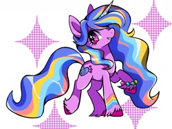 Size: 1600x1200 | Tagged: safe, artist:stacy_165cut, imported from derpibooru, izzy moonbow, pony, unicorn, alternate hair color, alternate tail color, colored hooves, colored horn, colored pinnae, countershading, female, g5, halftone, horn, looking back, mare, multicolored mane, multicolored tail, prancing, profile, purple coat, purple eyes, raised hoof, raised leg, shiny mane, shiny tail, simple background, smiling, solo, sparkles, standing, stripes, tail, unicorn horn, unshorn fetlocks, wavy mane, wavy tail, white background, wingding eyes