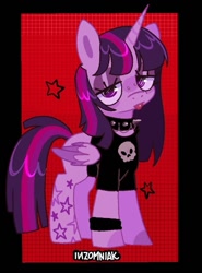 Size: 661x894 | Tagged: safe, artist:inzomniak, imported from derpibooru, twilight sparkle, alicorn, pony, alternate cutie mark, alternate hairstyle, alternate tailstyle, black sclera, black shirt, bracelet, choker, colored wings, goth, horn, jewelry, long mane, looking at you, purple coat, purple eyes, red background, simple background, solo, stars, tail, title card, tongue out, twilight sparkle (alicorn), two toned mane, two toned tail, two toned wings, wings