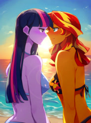 Size: 992x1344 | Tagged: safe, editor:masterdarhil, imported from derpibooru, sunset shimmer, twilight sparkle, human, equestria girls, ai content, ai generated, beach, bikini, blushing, close-up, clothes, duo, duo female, eye contact, eyebrows, eyebrows visible through hair, female, imminent kissing, lesbian, long hair, looking at each other, looking at someone, ocean, outdoors, photoshop, prompter:sammykun, recolor, shadow, shipping, side view, slender, smiling, smiling at each other, sunset, sunsetsparkle, swimsuit, thin, two-piece swimsuit, water