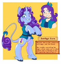 Size: 1902x2011 | Tagged: safe, artist:aloe_soda, imported from derpibooru, human, pony, unicorn, abigail (stardew valley), choker, clothes, female, horn, leonine tail, looking at you, ponified, rearing, smiling, smiling at you, solo, stardew valley, tail, text, vest