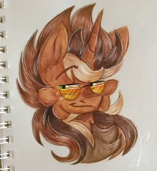 Size: 1080x1180 | Tagged: safe, artist:severe acrophobia, imported from derpibooru, oc, oc only, oc:macchiato, unicorn, bust, glasses, horn, male, photo, portrait, smiling, solo, traditional art