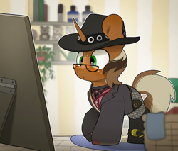 Size: 3420x2912 | Tagged: safe, artist:mochi_nation, imported from derpibooru, oc, oc only, oc:macchiato, clothes, commission, costume, cowboy hat, hat, looking at mirror, male, solo, ych result, your character here