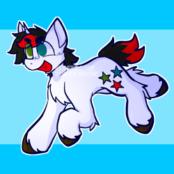 Size: 1600x1600 | Tagged: safe, artist:electronicfurbymusic, imported from derpibooru, pony, unicorn, awsten knight, blue background, dyed mane, dyed tail, grin, happy, heterochromia, horn, leaping, open mouth, ponified, simple background, smiling, solo, tail, two toned mane, two toned tail, unshorn fetlocks, waterparks