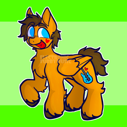 Size: 652x652 | Tagged: safe, artist:electronicfurbymusic, imported from derpibooru, pegasus, pony, blue eyes, brown mane, brown tail, folded wings, geoff wigington, green background, grin, happy, open mouth, orange coat, ponified, raised hoof, simple background, smiling, solo, tail, unshorn fetlocks, waterparks, wings