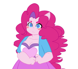 Size: 693x611 | Tagged: safe, artist:channydraws, imported from derpibooru, pinkie pie, anthro, earth pony, blush sticker, blushing, breasts, busty pinkie pie, cleavage, clothes, colored pupils, equestria girls outfit, female, looking at you, mare, simple background, solo, white background