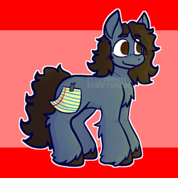 Size: 652x652 | Tagged: safe, artist:electronicfurbymusic, imported from derpibooru, earth pony, pony, blue coat, brown eyes, brown mane, brown tail, closed mouth, covered cutie mark, happy, otto wood, paper, ponified, red background, simple background, smiling, solo, standing, tail, unshorn fetlocks, waterparks, wavy mane, wavy tail, wings
