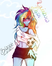 Size: 935x1169 | Tagged: safe, artist:black__dash_, imported from derpibooru, rainbow dash, human, equestria girls, belly, belly button, blushing, bra, bra strap, breasts, choker, cleavage, clothes, collarbone, concave belly, cutie mark, cutie mark on clothes, date (time), ear piercing, earring, eye clipping through hair, eyebrows, eyebrows visible through hair, female, football, jewelry, looking at you, midriff, name, piercing, shorts, signature, skinny, smiling, smiling at you, solo, sports, thin, underwear, wristband